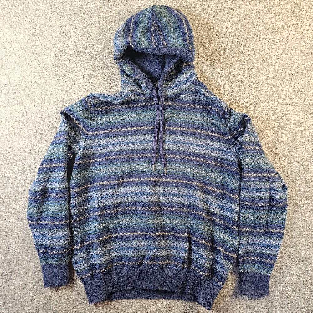 Izod Mens XL Blue Fair‎ Isle Cotton Knit Hoodie Sweater